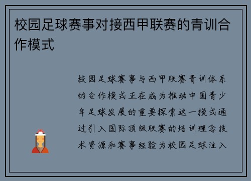 校园足球赛事对接西甲联赛的青训合作模式