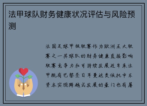 法甲球队财务健康状况评估与风险预测